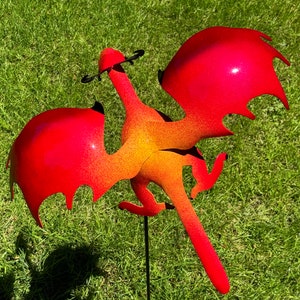 Red and Yellow Flying Metal Dragon sculpture lawn stake