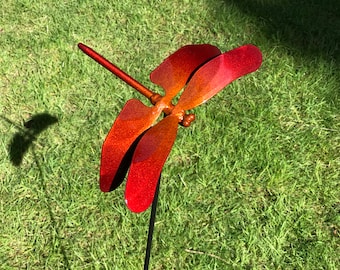 Red & copper Metal Dragonfly Sculpture Lawn Stake