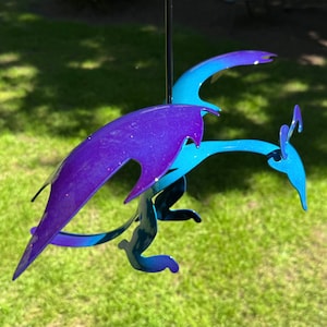 Metallic teal and Metallic purple Flying Metal Dragon sculpture