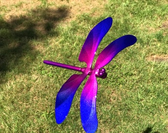 A blue & magenta Metal Dragonfly Sculpture Lawn Stake