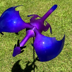 Metallic purple and Metallic blue Flying Metal Dragon sculpture lawn stake