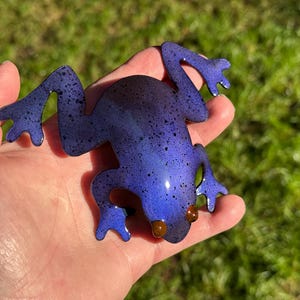 May include: A blue frog-shaped decorative object with a speckled pattern. The frog has outstretched legs and small, brown eyes. The object is held in a hand against a background of green grass.