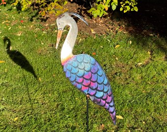 Metal Great Blue Heron Lawn Art, Powder Coated Garden Stake