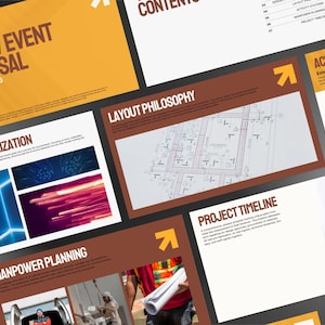 May include: A digital brand and event proposal presentation template featuring multiple slides with a colour palette of mustard yellow, brown, and white. The slides include text headers like Brand/Event Proposal, Layout Philosophy, and Project Timeline, alongside architectural floor plans, abstract blue light graphics, and an hourglass.