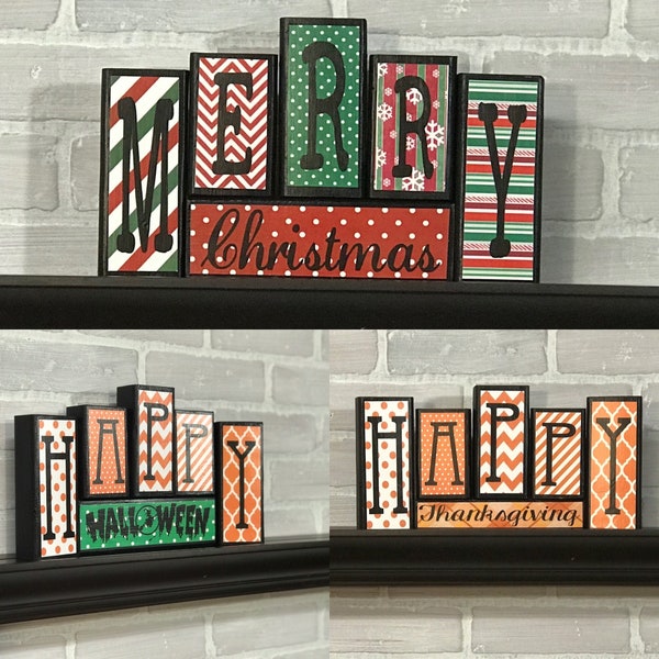 Happy Halloween Block Set, Happy Thanksgiving, Merry Christmas reversible block set, shelf Sitter, halloween Decorations, Fall Decor