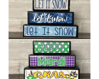 Mardi Gras Decorations, Winter decorations, Reversible blocks, Mardi gras Tiered tray, Winter mantle decorations, shelf sitter, farmhouse