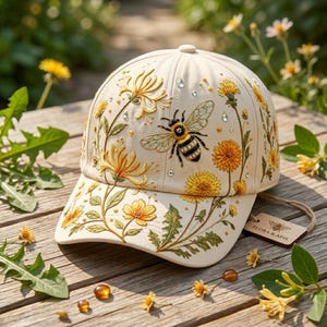 Può includere: Un cappellino da baseball color crema con ricami dettagliati di fiori di tarassaco gialli, foglie verdi e un'ape. Il design è impreziosito da piccoli cristalli trasparenti e include un'etichetta marrone con la scritta FLORA & APIS.