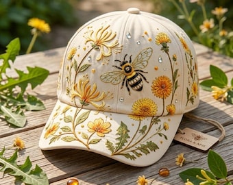 Hand-Embroidered Bee and Floral Baseball Cap, Nature-Inspired Botanical Hat, Custom Honeybee Embroidery Cap, Gift for Garden Lovers