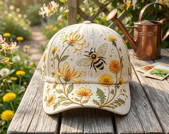 Gorra de béisbol con bordado a mano de abeja y flores, sombrero botánico inspirado en la naturaleza, gorra personalizada con bordado de abeja, regalo para amantes de la jardinería.