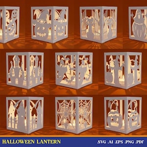 Puede incluir: Una colección de diez linternas cuadradas blancas con intrincados diseños de Halloween cortados con láser, que incluyen calabazas, fantasmas, brujas, casas encantadas, murciélagos, arañas y telarañas. Cada linterna muestra un patrón único.