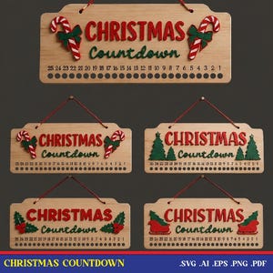 May include: Five rectangular wooden Christmas countdown signs with red text, green accents, and hanging strings. Each sign features the text CHRISTMAS COUNTDOWN, numbers from 25 to 1, and circular holes for tracking days with festive holiday icons.