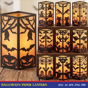 Op de afbeelding: Een collectie rechthoekige papieren lantaarns met zwarte uitgesneden silhouetten van Halloween-motieven zoals vleermuizen, pompoenen, geesten, spinnen en spookhuizen, van binnenuit verlicht met een warme oranje gloed, gelabeld als Halloween Paper Lantern.