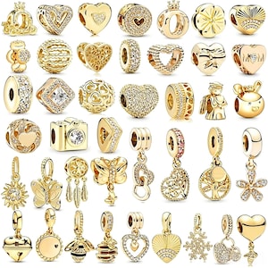 Förgyllda berlocker i 925 sterlingsilver till Pandora-armband, presentask med glittrande CZ-hjärta och naturpärlor ingår