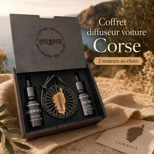 Diffuseur voiture Corse en bois, coffret cadeau rechargeable avec 2 fragrances fabriquées en France, cadeau Corse