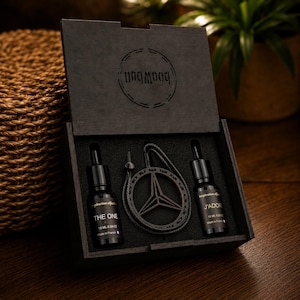Luxury Wooden Car Air Freshener Gift Set, Refillable Car Diffuser with 2 French Fragrance Oils, Mercedes Car Gift