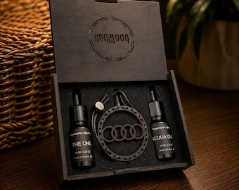 Set regalo deodorante per auto in legno, diffusore per auto ricaricabile con 2 oli profumati francesi, regalo premium in stile Audi per gli amanti delle auto