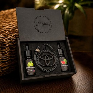 Car Air Freshener Gift Set, Wooden Refillable Auto Diffuser with 2 French Fragrance Oils, Toyota Car Lover Gift