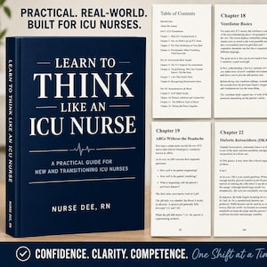 Könnte beinhalten: Ein dunkelblaues Buch mit dem Titel Learn to Think Like an ICU Nurse von Nurse Dee, RN. Das Bild zeigt das Buchcover, ein Inhaltsverzeichnis und Auszüge aus den Kapiteln 18, 19 und 22. Symbole zeigen PDF-Download, 120 Seiten und kritisches Denken.