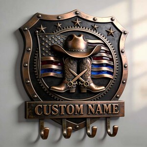 May include: A bronze-toned wall-mounted hook rack shaped like a shield. The center features a cowboy hat, crossed cowboy boots with spurs, and a stylized American flag. Below the emblem, a rectangular plaque displays the text CUSTOM NAME.