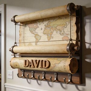 May include: A wall-mounted map display with a vintage aesthetic. It features a world map, rolled and suspended, with the name "DAVID" in raised letters. Below are several hooks for hanging items.