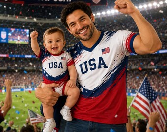 Personalized USA Dad and Baby Matching Soccer Shirts, Custom Family Football Fan Outfit, Father Son Game Day Jersey Set Gift