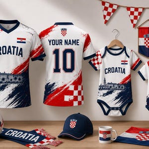May include: A collection of Croatia-themed apparel and accessories including two jerseys, two baby bodysuits, a soccer ball, a baseball cap, a mug, a scarf, and a flag. The items feature red and white checkerboard patterns, the text Croatia, and the number 10.