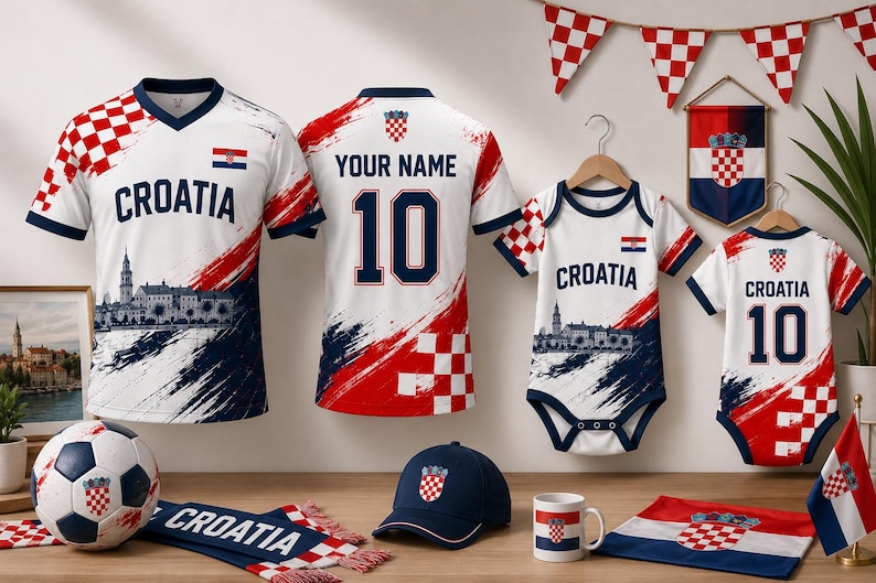 May include: A collection of Croatia-themed apparel and accessories including two jerseys, two baby bodysuits, a soccer ball, a baseball cap, a mug, a scarf, and a flag. The items feature red and white checkerboard patterns, the text Croatia, and the number 10.