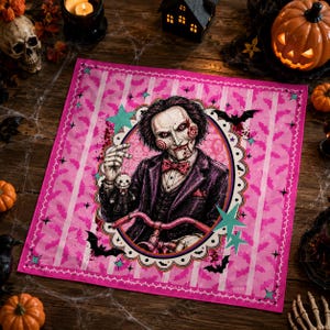 Saw Billy Puppet Halloween Bandana Scarf, Horror Movie Pink Gothic Head Scarf, Spooky Halloween Pet Bandana, Creepy Horror Fan Gift