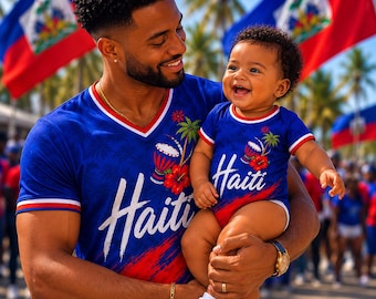 Custom Haiti Dad Baby Matching Soccer Jersey Set, Personalized Name Number Football Fan Shirt Family Gift
