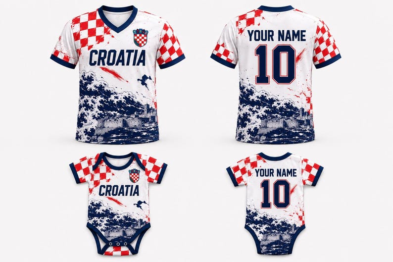May include: A white V-neck jersey and a baby bodysuit featuring a red and white checkered pattern, the text CROATIA, a crest, and a graphic of dark blue ocean waves with a coastal fortress. The back displays the text YOUR NAME and the number 10.