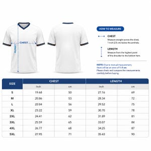 May include: A white V-neck t-shirt shown from front and back views, accompanied by a sizing chart. The chart lists chest and length measurements in inches and centimeters for sizes S through 5XL, with instructions on how to measure the garment.