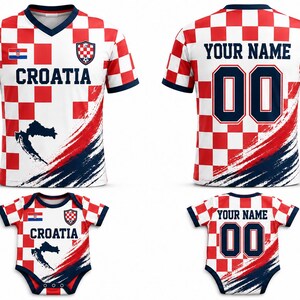 May include: A short-sleeve jersey and a baby bodysuit featuring a red and white checkered pattern. The front displays the text CROATIA, a small flag, a crest, and a map silhouette. The back shows the text YOUR NAME and the number 00 in dark blue.