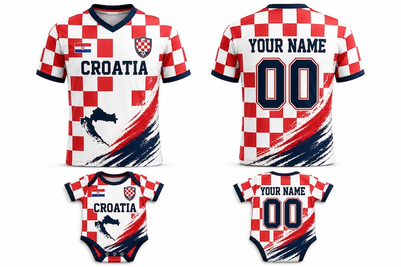 May include: A short-sleeve jersey and a baby bodysuit featuring a red and white checkered pattern. The front displays the text CROATIA, a small flag, a crest, and a map silhouette. The back shows the text YOUR NAME and the number 00 in dark blue.
