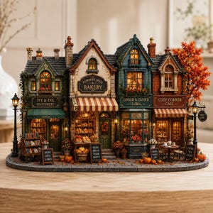 Peut inclure: Une miniature de village représentant quatre boutiques connectées : Ivy & Ink Stationery, Pumpkin Spice Bakery, Ginger & Clover Floral et Cozy Corner Café. La structure détaillée comprend des fenêtres éclairées, des auvents rayés et des citrouilles.