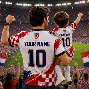 May include: Two matching white soccer jerseys featuring a red and white checkered pattern, the text YOUR NAME, and the number 10 in dark blue. The shirts display the Croatian coat of arms on the upper back and have dark blue sleeve trim.