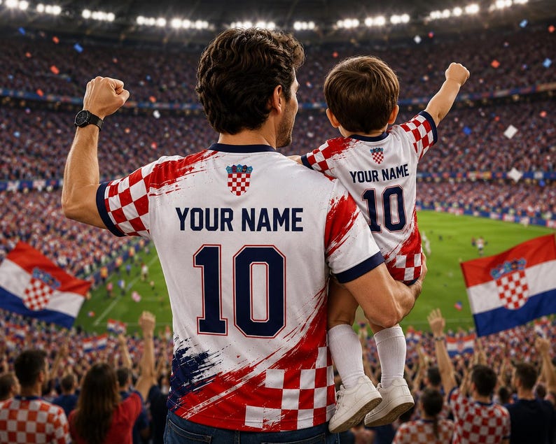 May include: Two matching white soccer jerseys featuring a red and white checkered pattern, the text YOUR NAME, and the number 10 in dark blue. The shirts display the Croatian coat of arms on the upper back and have dark blue sleeve trim.