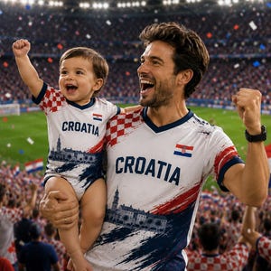 May include: A white Croatia soccer jersey and a matching infant bodysuit, both featuring a red and white checkered pattern on the shoulders, the text CROATIA in blue, and a blue graphic of a city skyline with the Croatian flag on the chest.