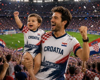 Custom Croatia Dad Baby Matching Soccer Jersey Set, Personalized Name Number Football Fan Shirt Family Gift