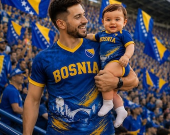 Personalized Bosnia Dad and Baby Matching Soccer Shirts, Custom Bosnia Family Football Fan Outfit, Father Son Game Day Jersey Set