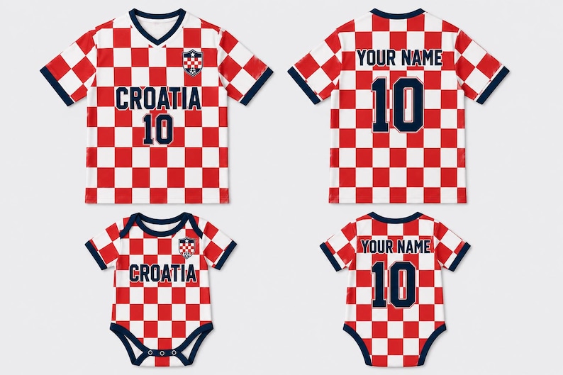 May include: A red and white checkered t-shirt and a matching baby bodysuit. The front features the text CROATIA and the number 10, while the back displays YOUR NAME and the number 10. Both garments have dark blue trim and a small crest on the chest.