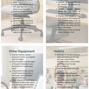 Pode incluir: Gráfico informativo com dicas para configurar um espaço de trabalho. As seções incluem ajustes da cadeira, layout do espaço de trabalho, outros equipamentos e hábitos saudáveis. O texto aconselha sobre postura, posicionamento do monitor e pausas.