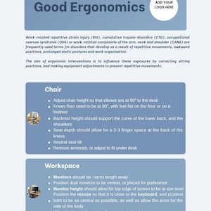 Pode incluir: Infográfico azul e branco intitulado "Boa Ergonomia" com dicas para a configuração da cadeira e do espaço de trabalho. Inclui conselhos sobre ângulos dos cotovelos e joelhos, altura do monitor e posicionamento do rato.