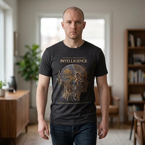 May include: Dark gray t-shirt with the word "INTELLIGENCE" and a gold-colored brain graphic. The graphic includes a human head silhouette, DNA strands, and circuit board elements. The text "ARTIFICIAL IS AMAZING. ALMIGHTY IS PERFECT" is below the graphic.