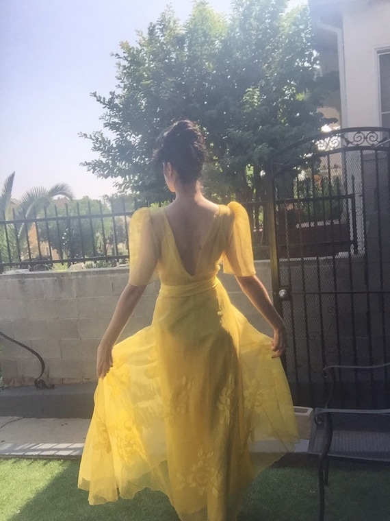 30’s Yellow Organza Fairytale Gown with Floral App