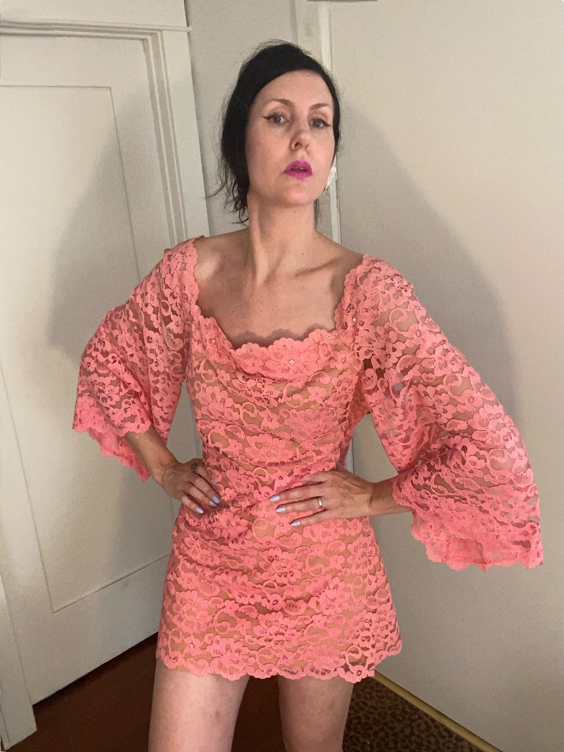 60s Pink Lace Mini Dress With Dramatic Bell Sleeves Etsy UK