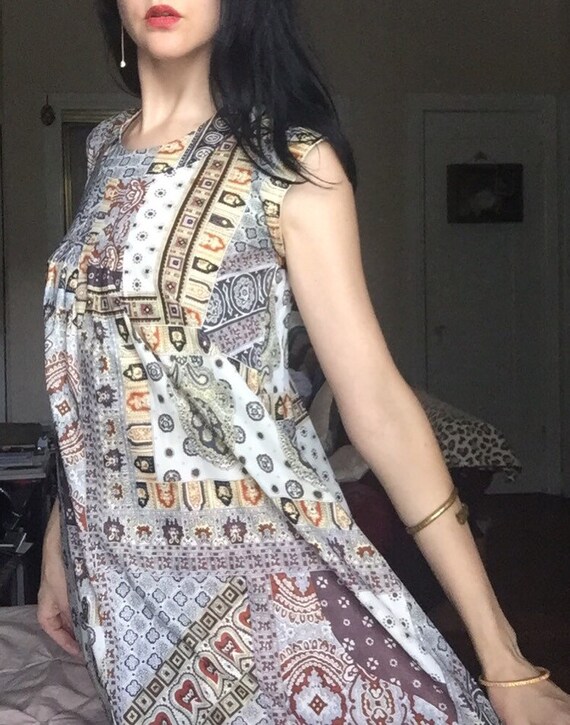 70s Multi-print Poly-knit Trapeze Dress 
