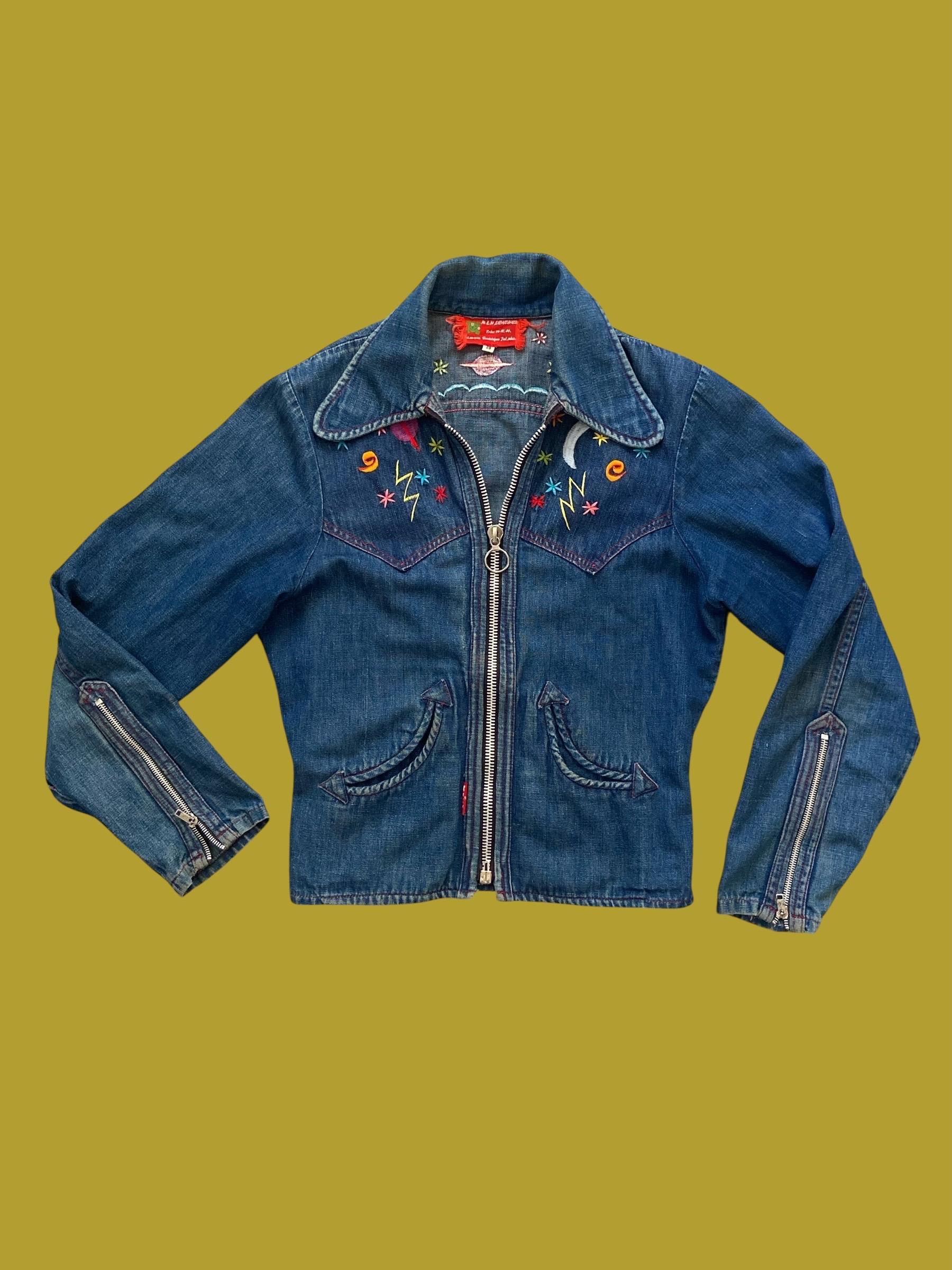 70年代/80年代風の天体刺繍入りウエスタンスタイルデニムジャケット 