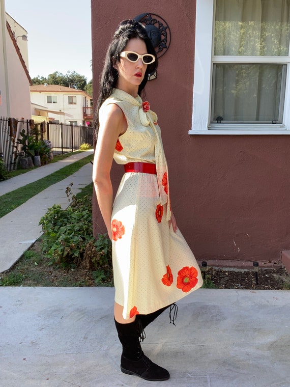 70’s Swiss Dot & Poppy Print Midi-Dress with Matc… - image 3