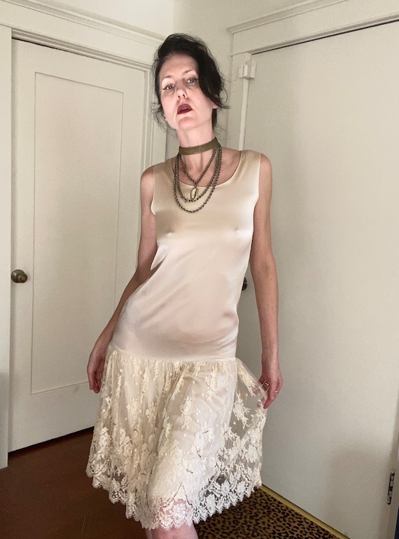 80’s does 20’s Cream Silk Drop-Waist Dress with La