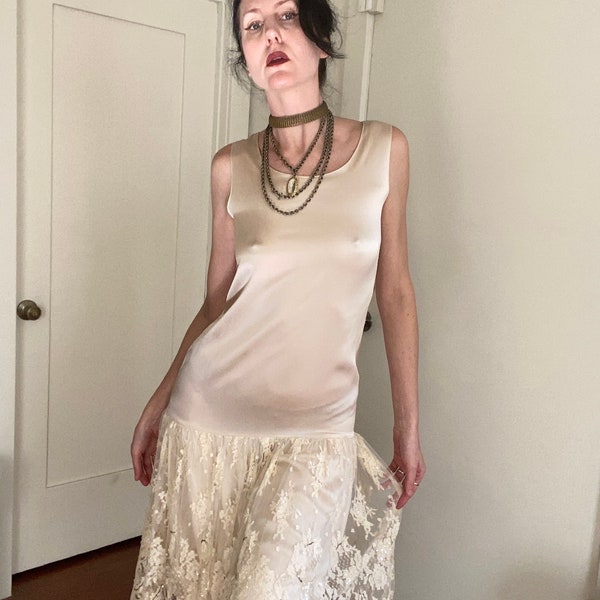 80’s does 20’s Cream Silk Drop-Waist Dress with Lace Skirt